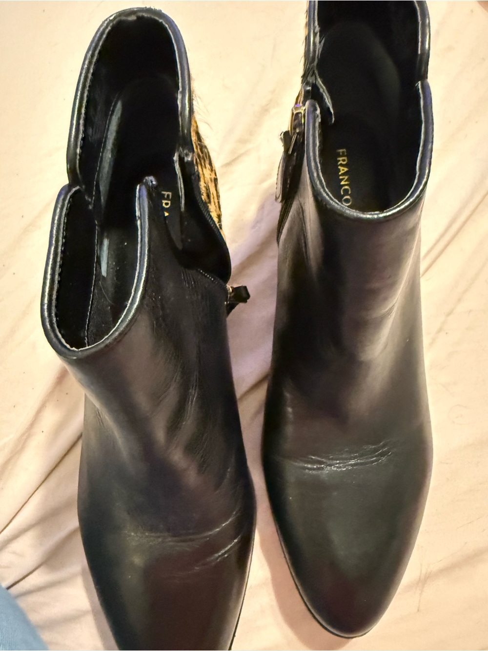 Franco Sarto Black Leather Ankle Booties with Subtle Leopard Accent